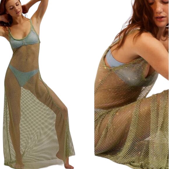 New Free People Sheer Open Weave Slip Maxi Dress Green Rhinestone Boho Beach - Picture 3 of 16
